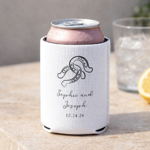 Minimalist Horseshoe Black and White Wedding Can Cooler