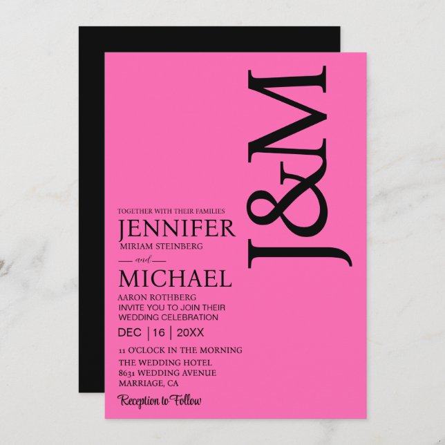 Minimalist Hot PInk Magenta Fuschia Wedding Invitation (Front/Back)