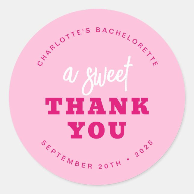 Minimalist Hot Pink Thank You Bachelorette Party Classic Round Sticker (Front)