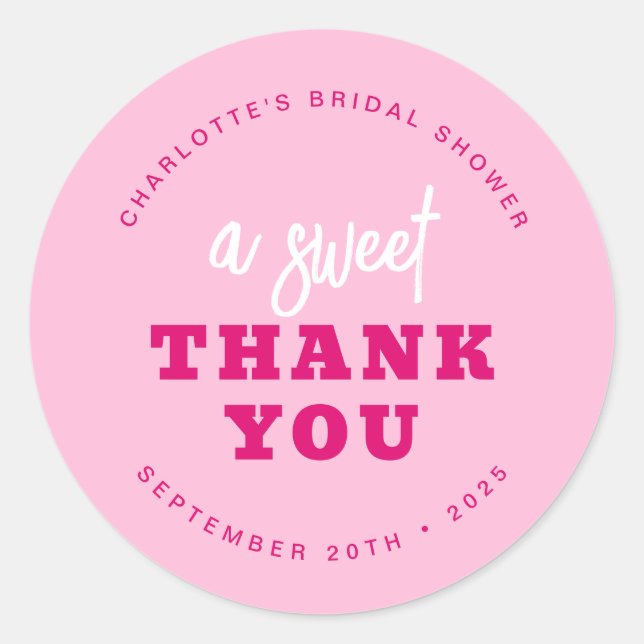 Minimalist Hot Pink Thank You Bridal Shower Classic Round Sticker (Front)