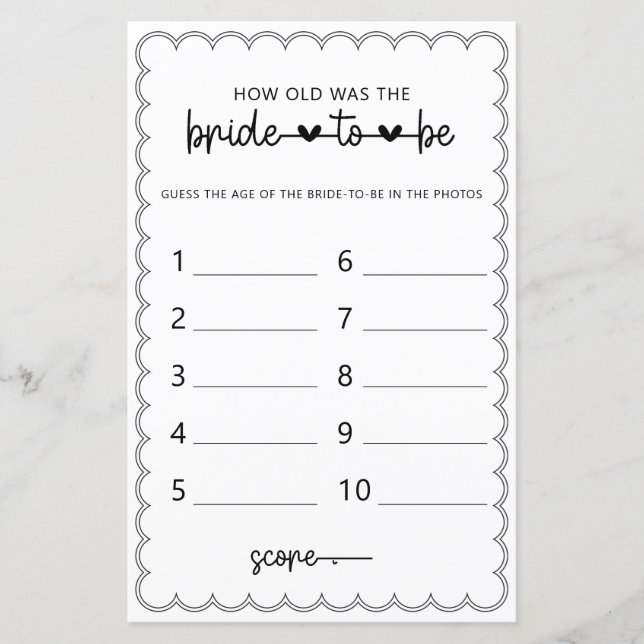 Minimalist How old was the bride shower game (Front)