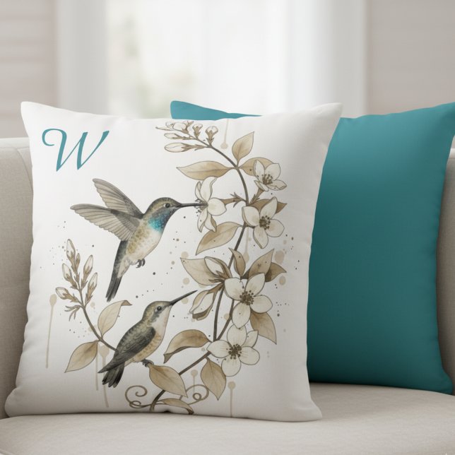 Minimalist Hummingbird & Floral Decorative Pillow (Hummingbird monogram decorative pillow)
