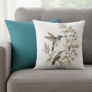 Minimalist Hummingbird & Floral Decorative Pillow