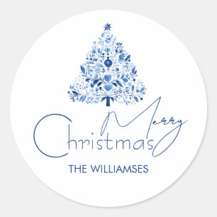 Minimalist Hygge White and Blue Christmas Tree Classic Round Sticker
