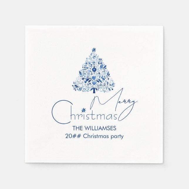 Minimalist Hygge White and Blue Christmas Tree Napkin (Front)