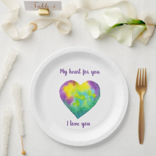 Minimalist I love you rainbow watercolor heart Paper Plate