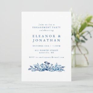 Minimalist Indigo Blue Botanical Engagement Party Invitation