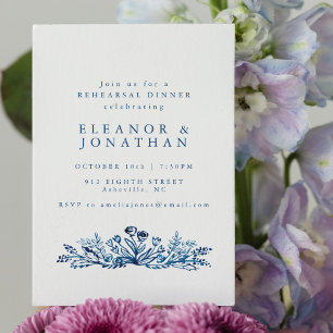 Minimalist Indigo Blue Botanical Rehearsal Dinner Invitation