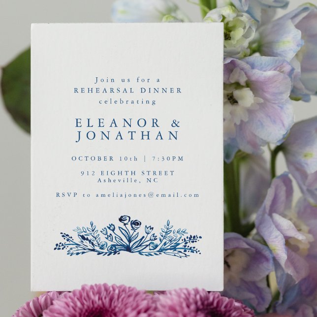 Minimalist Indigo Blue Botanical Rehearsal Dinner Invitation (Creator Uploaded)