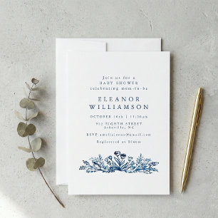 Minimalist Indigo Blue Ink Botanical Baby Shower Invitation
