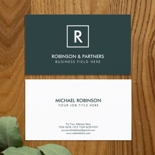 Minimalist Initial in Square Frame in Dark Green Business Card (Creator Uploaded)