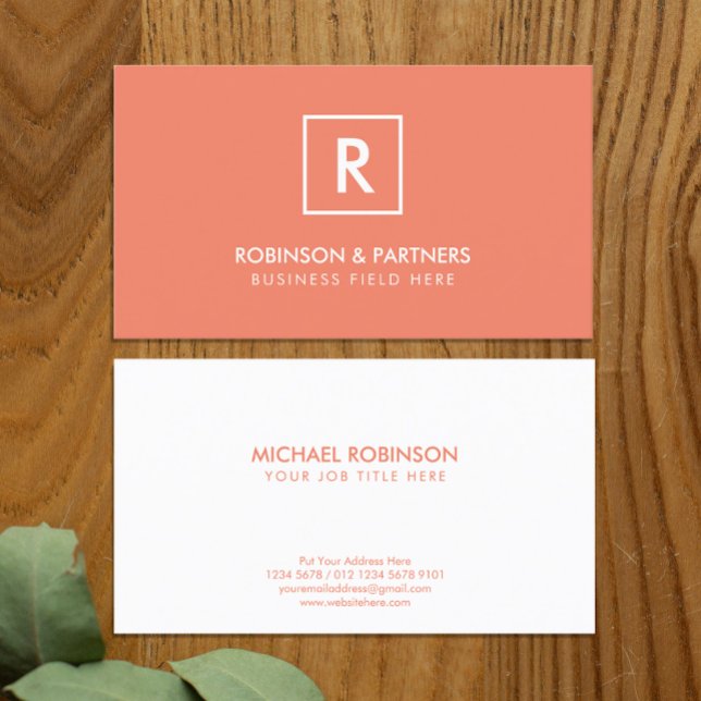 Minimalist Initial in Square Frame in Peach Colour Business Card (Creator Uploaded)