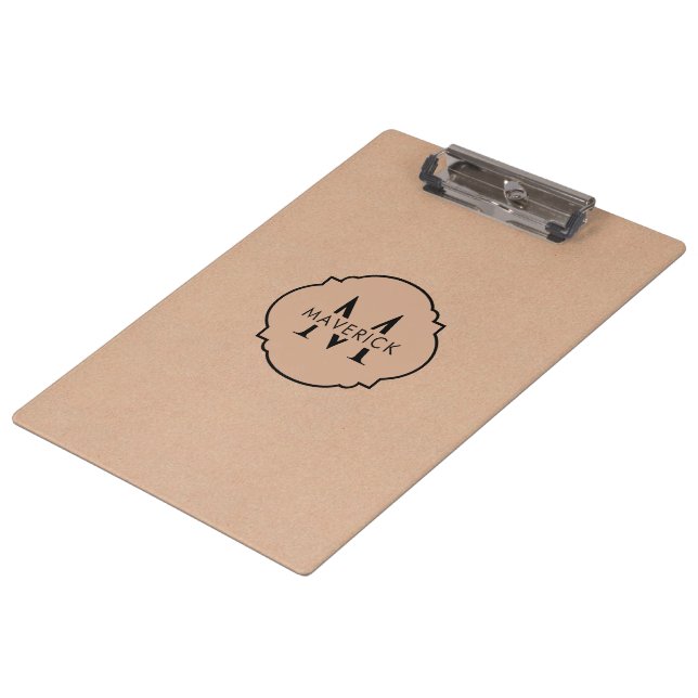 Minimalist Initial Name Rustic Kraft Style Clipboard (Angled)