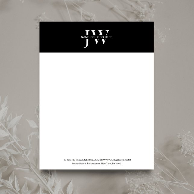 Minimalist Initials Monogram Black & White Company Custom Letterhead (Striking black and white business letterhead with space for you initials and business details)