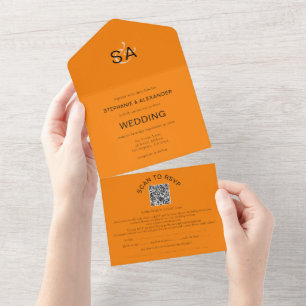 Minimalist Initials QR Code Autumn Orange Wedding All In One Invitation