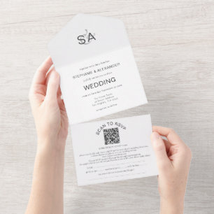 Minimalist Initials QR Code Black White Wedding All In One Invitation
