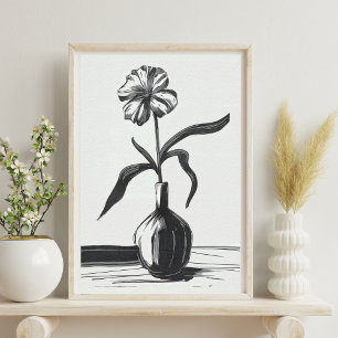 Minimalist Ink Flower Drawing In Black Poster