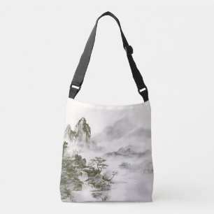 Minimalist Ink Misty Zen Mountain Landscape Crossbody Bag