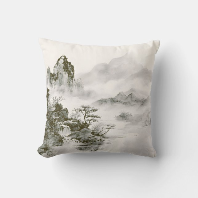 Minimalist Ink Misty Zen Mountain Landscape Cushion (Front)