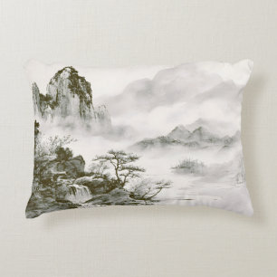 Minimalist Ink Misty Zen Mountain Landscape Decorative Cushion