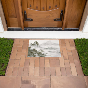 Minimalist Ink Misty Zen Mountain Landscape Doormat
