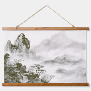 Minimalist Ink Misty Zen Mountain Landscape Hanging Tapestry