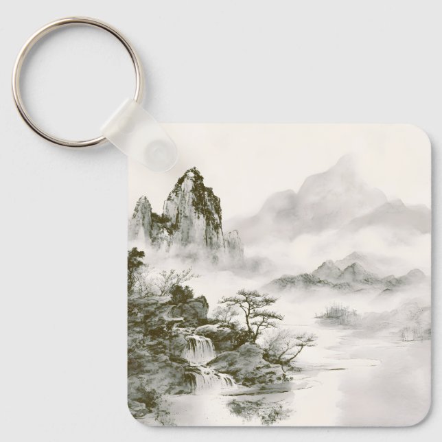 Minimalist Ink Misty Zen Mountain Landscape Key Ring (Front)