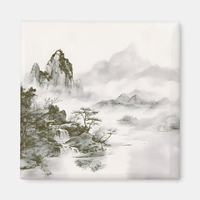 Minimalist Ink Misty Zen Mountain Landscape Magnet (Front)