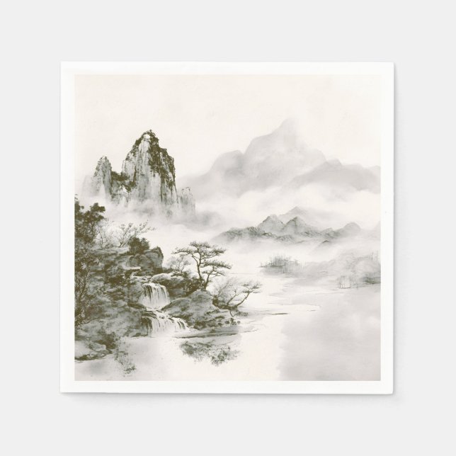 Minimalist Ink Misty Zen Mountain Landscape Napkin (Front)