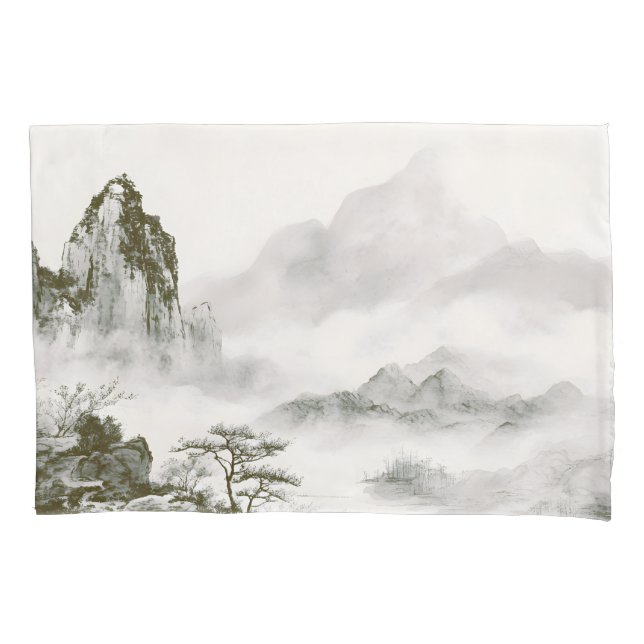 Minimalist Ink Misty Zen Mountain Landscape Pillowcase (Front)