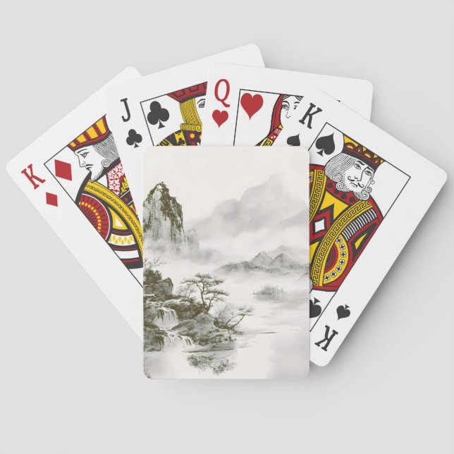 Minimalist Ink Misty Zen Mountain Landscape Playing Cards (Back)