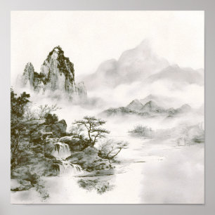 Minimalist Ink Misty Zen Mountain Landscape Poster