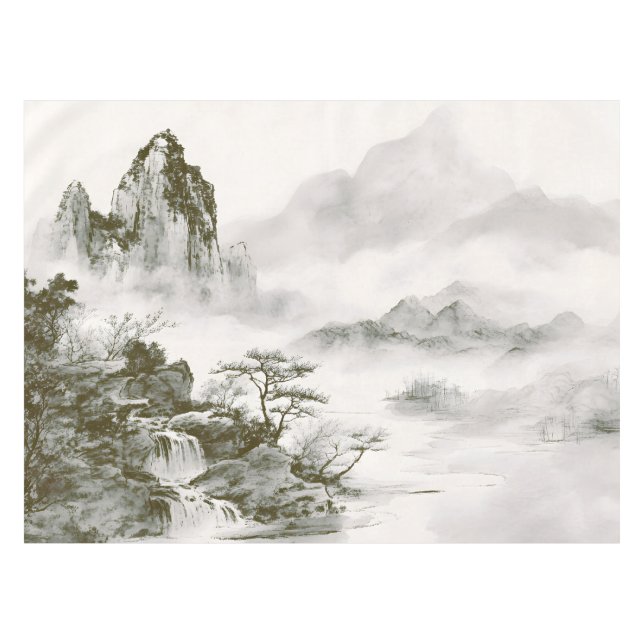 Minimalist Ink Misty Zen Mountain Landscape Tablecloth (Front (Horizontal))