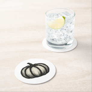 Minimalist Ink Pumpkin – Autumn Harvest Art on Round Paper Coaster