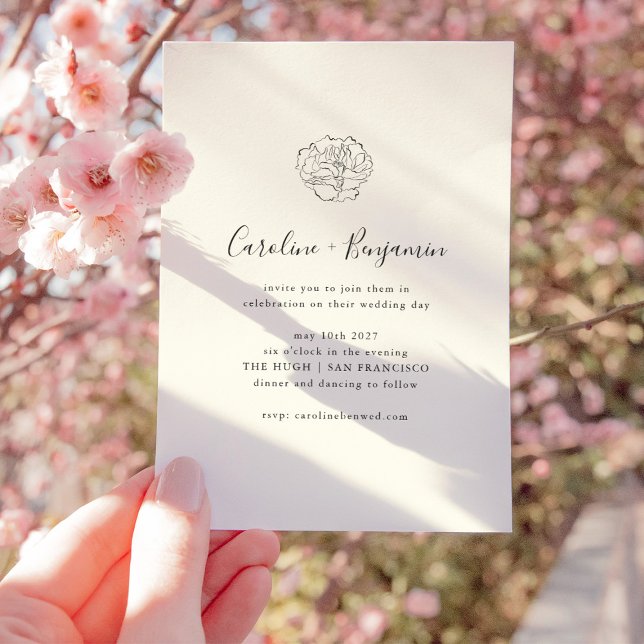 Minimalist Ivory Black Floral Drawing Boho Wedding Invitation (Creator Uploaded)