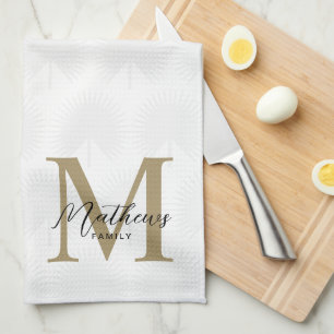 Minimalist Ivory Gold Anahaw Leaf Script Monogram Tea Towel