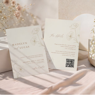 Minimalist Ivory Taupe Floral QR Code Wedding Invitation
