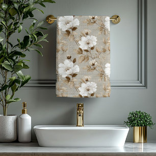 Minimalist Ivory White Flowers Earthy Bath Towel