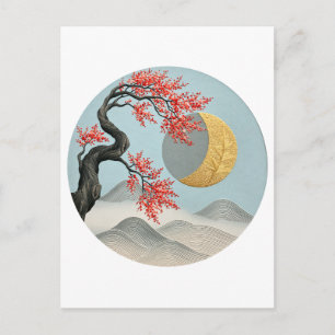 Minimalist Japanese Cherry Blossom Moon Landscape Announcement Postcard