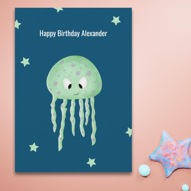 Minimalist Jellyfish Personalised Blue Birthday Card (Creator Uploaded)