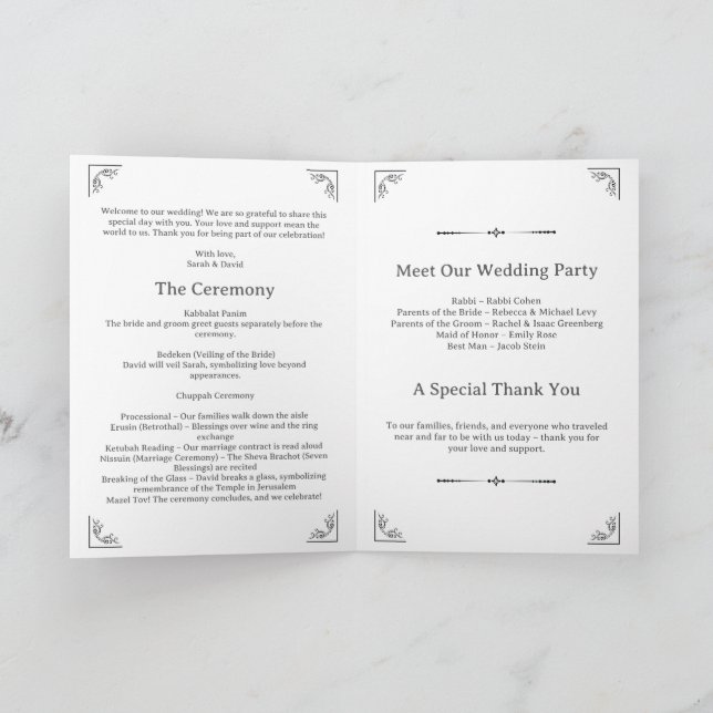 Minimalist Jewish Wedding Program Programme (Inside)