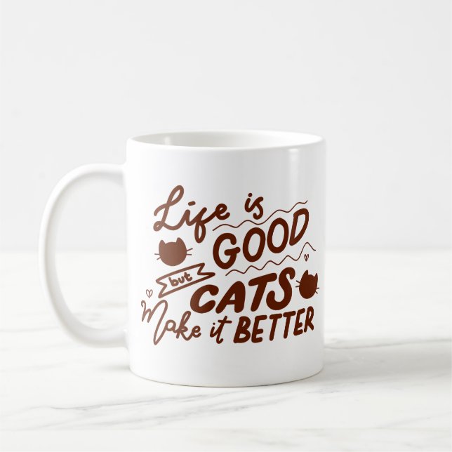 Minimalist Joy Cat Heartwarming Warm Brown Cute Coffee Mug (Left)