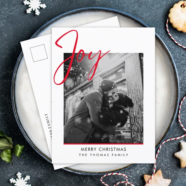 Minimalist Joy Christmas Simple Red Photo  Holiday Postcard (Creator Uploaded)