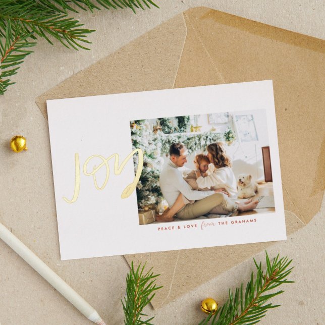 Minimalist Joy Photo Gold (Gold foiled and hand lettered Joy minimalist photo holiday card.)