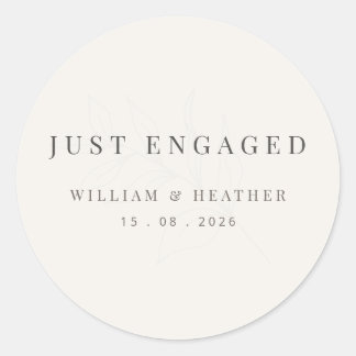Minimalist ‘Just Engaged’ Botanical Warm White Classic Round Sticker