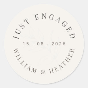Minimalist ‘Just Engaged’ Botanical Warm White Classic Round Sticker