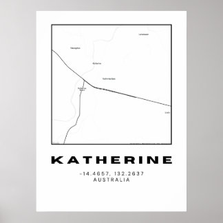 Minimalist Katherine Map with Coordinates | Black Poster
