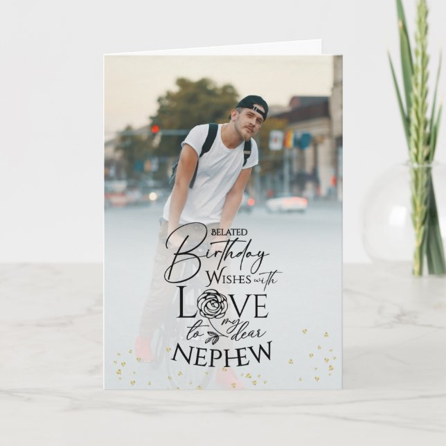 Minimalist keepsake Belated Modern Birthday Nephew Card (Front)