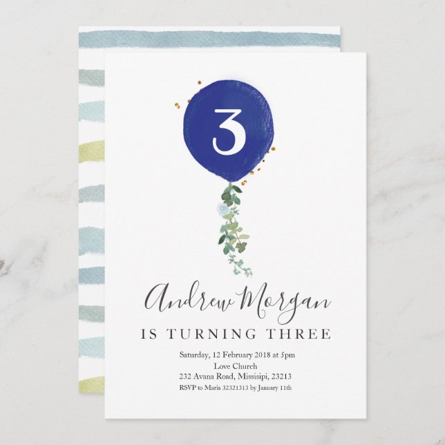 Minimalist Kid's Ballon Birthday for boy Invitation (Front/Back)