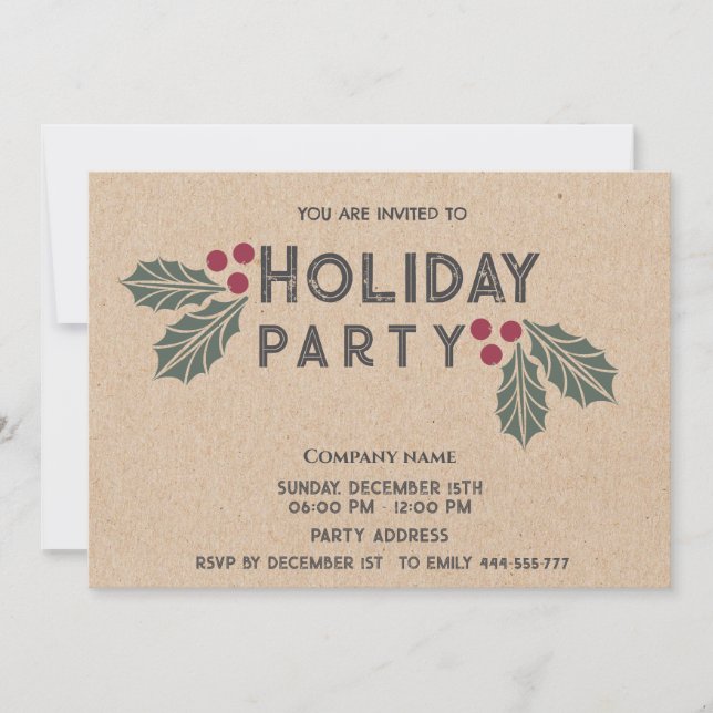 Minimalist kraft holly berry corporate Holiday  Invitation (Front)